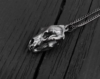 Solid Black Oxidized Sterling Silver Grizzly Bear Skull Pendant Necklace