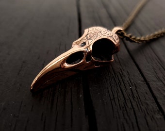 Engraved Raven Skull Pendant Necklace - Solid Jewelers Bronze - Polished Finish - Three Dimensional Detail - Multiple Chain Lengths