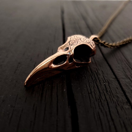 Engraved Raven Skull Pendant Necklace - Solid Jewelers Bronze - Polished Finish - Three Dimensional Detail - Multiple Chain Lengths