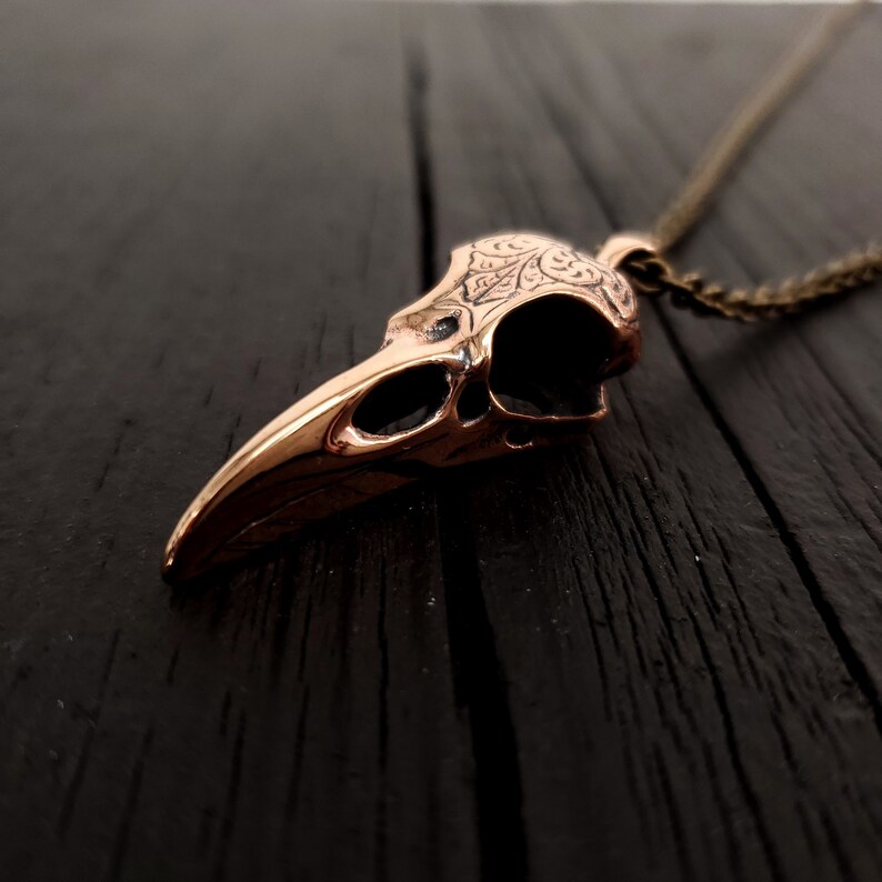 Engraved Raven Skull Pendant Necklace Solid Jewelers Bronze Polished Finish Three Dimensional Detail Multiple Chain Lengths image 1