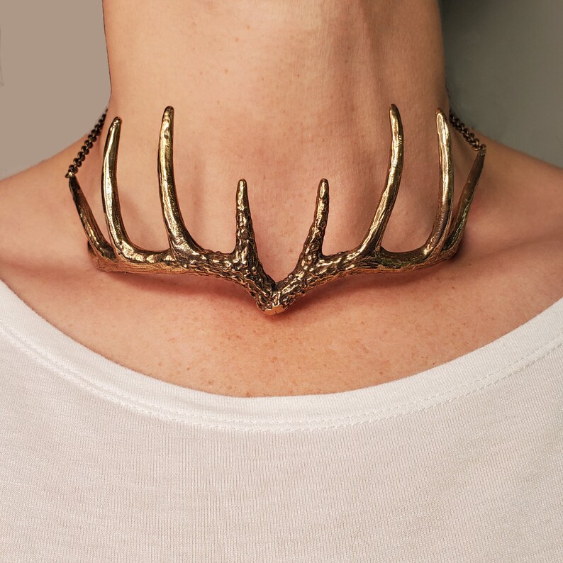 Unique Deer Stag Statement Piece Polished Oxidised Finish Antler Choker Necklace Solid Hand Cast Jewelers Bronze Three Dimensional