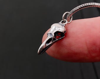 Tiny Sterling Silver Raven Skull Necklace: Detailed Open Beak Charm