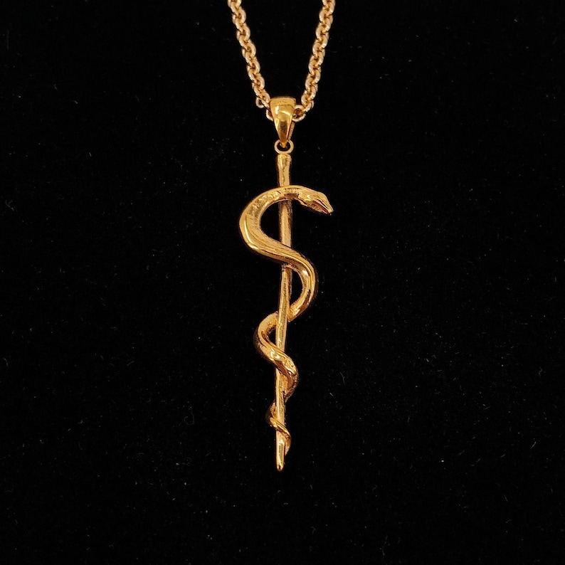 Gold Plated Rod Of Asclepius Pendant Necklace Staff of Aesculapius Medical First Responder Handmade Gift image 3