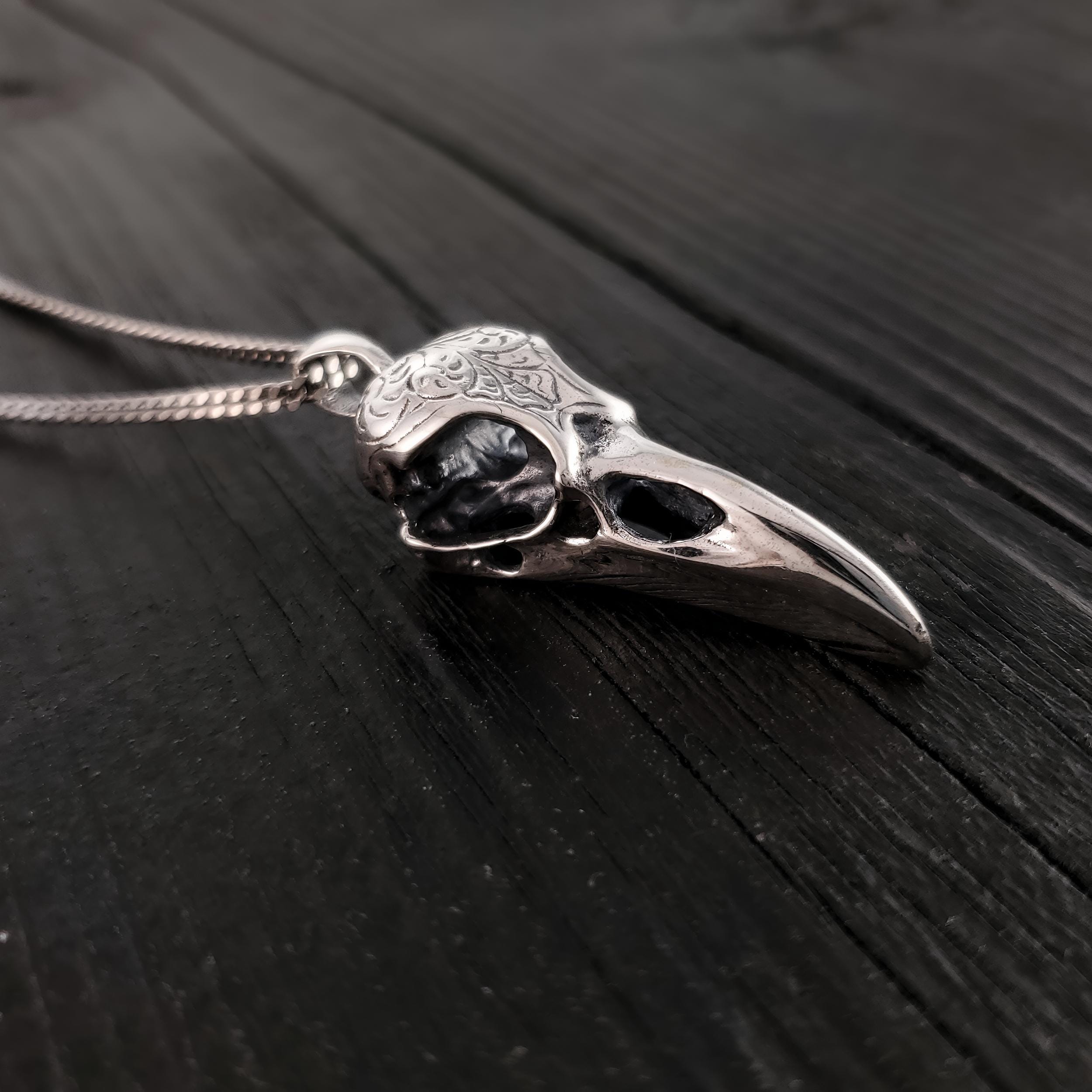 Engraved Raven Skull Pendant Necklace - Solid Hand Cast .925