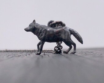 Black 3D Grey Wolf Charm Pendant Necklace - Solid Hand Cast 925 - Wolf Jewelry Gift for Him or Her - Multiple Chain Lengths