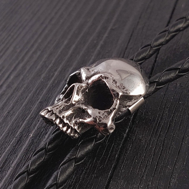 Human Skull Bolo Tie Solid Hand Cast Stainless Steel 42 Braided Cord Unisex Statement Suit Tie image 2