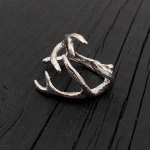 Deer Antler Wrap Ring Solid Cast 925 Sterling Silver Hand Polished Oxidized Finish Sizes 4 to 11 Available Animal Statement Jewelry image 4