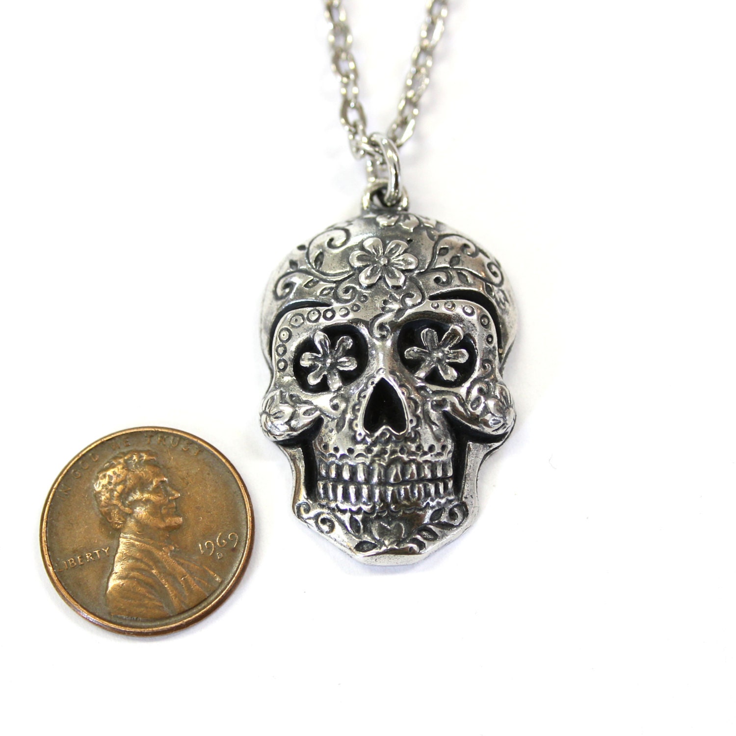Sugar Skull Pendant Large Sugar Skull Necklace Silver Sugar Etsy