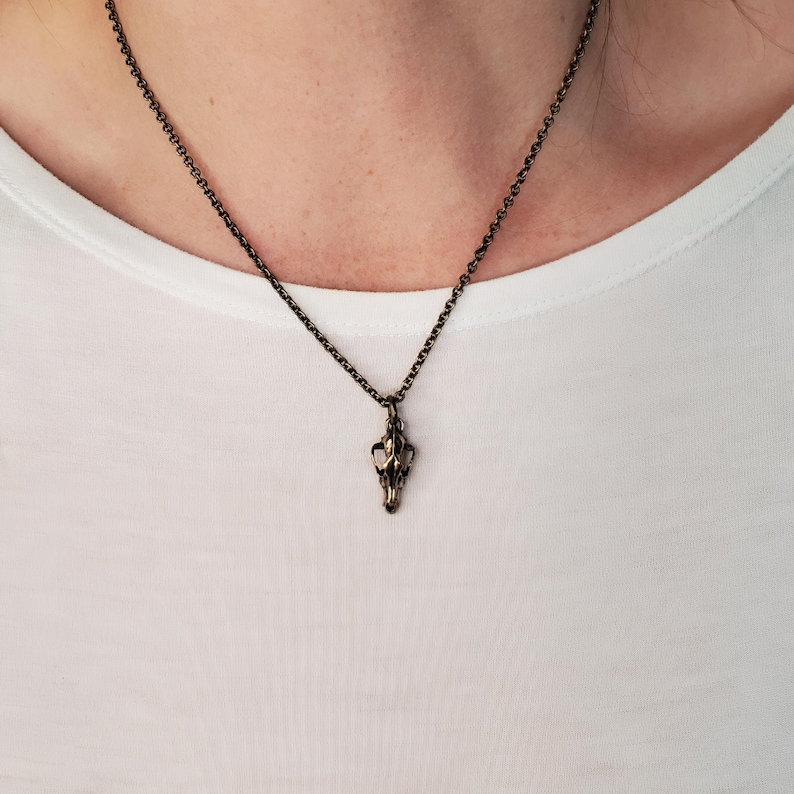Tiny Grey Wolf Skull Charm Pendant Necklace - Solid Hand Cast Jewelers Bronze image 2