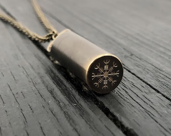 Viking Aegishjalmur Cremation Ash Urn Necklace - Solid Brass - Custom Engraved Personalized  Aegishjalmr Urn