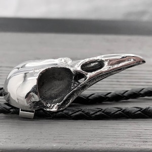 Silver Crow Bird Skull Bolo Tie Solid Cast Stainless Steel on Hand Braided Tie Unisex Suit Accessory Unique Gift for Him or Her image 3