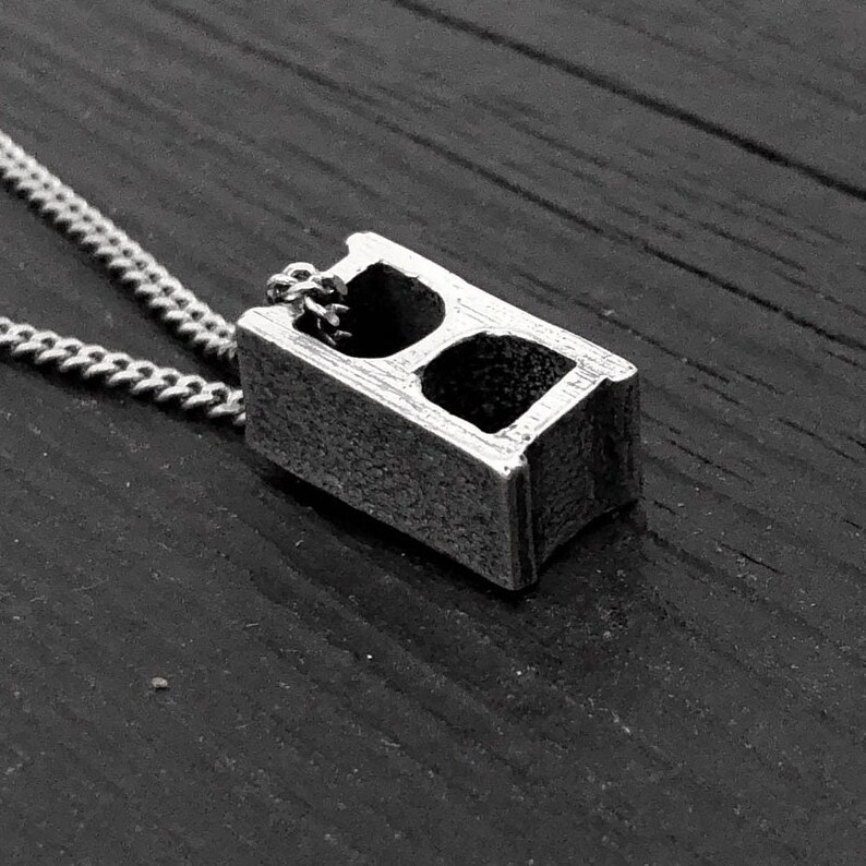 Cinder Block Necklace shops Silver Concrete Building Block Pendant Necklace