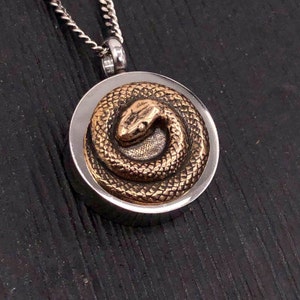 Coiled Snake Cremation Ash Urn Pendant Necklace - Bronze and Stainless Steel - Personalised Custom Engraved Memorial Keepsake Gift