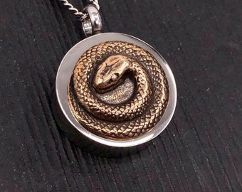 Coiled Snake Cremation Ash Urn Pendant Necklace - Bronze and Stainless Steel - Personalised Custom Engraved Memorial Keepsake Gift