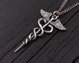 Caduceus Necklace in Solid Sterling Silver Medical Symbol Jewelry- Gift for Doctor Nurse or Medical Student