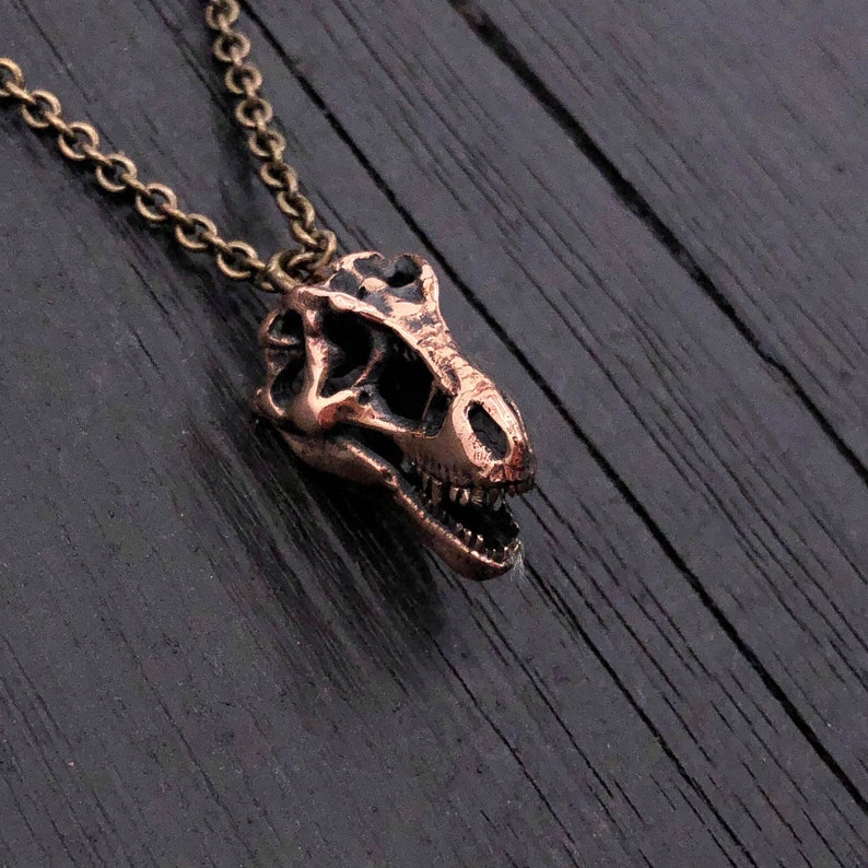 Bronze T-Rex Skull Necklace Dinosaur Jewelry Dino Pendant Tyrannosaurus Pendant Paleontologist Gift Archeology Jewelry Gold Dinosaurs image 1