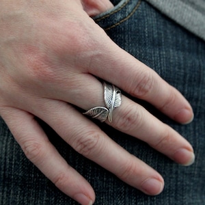 Feather Ring Sterling Silver Feather Ring Raven Feather Bypass Ring Bird Feather Ring