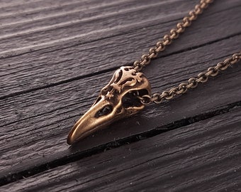 Ornate Victorian Raven Skull Charm Pendant Necklace - Solid Hand Cast Bronze - Polished Oxidized Finish - Multiple Chain Lengths Available