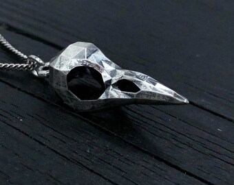 Faceted Raven Skull Necklace - Solid Hand Cast Sterling Silver - Three Dimensional Detail Bird Skull - Multiple Chain Lengths