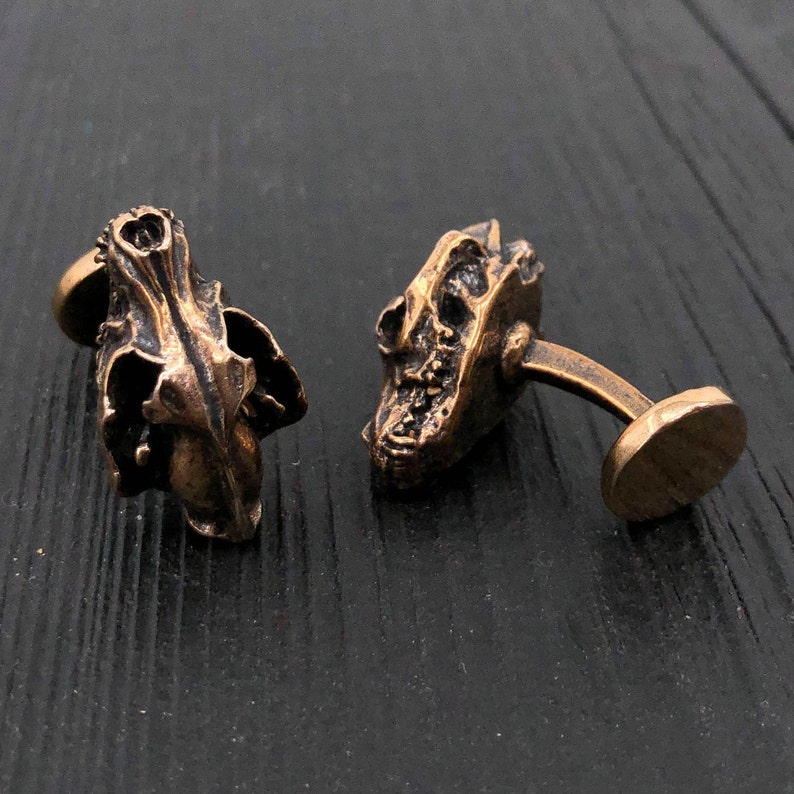 Wolf Skull Cuff Links Solid Hand Cast Bronze Nature Inspired Men's Jewelry Accesories image 1