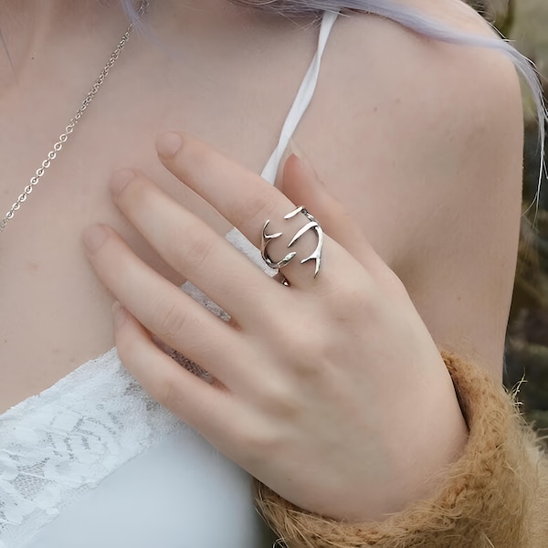 Bague en argent sterling avec bois de cerf de Virginie, tailles 4 à 9