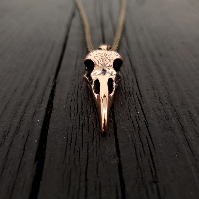 Engraved Raven Skull Pendant Necklace Solid Jewelers Bronze Polished Finish Three Dimensional Detail Multiple Chain Lengths image 4