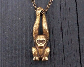 Hanging Monkey Charm Pendant Necklace - Antique Brass -