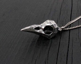 Faceted Raven Skull Necklace - Solid Hand Cast Silver Plated Bronze - Three Dimensional Detail Bird Skull - Multiple Chain Lengths