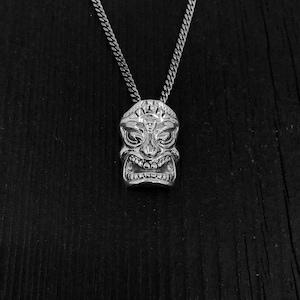Sterling Silver Tiki Mask Pendant - Small 3/4&quot; x 1/2&quot; - Unique Layering Necklace with Hidden Bail