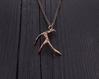 Deer Antler Pendant Necklace , Solid Hand Cast Bronze