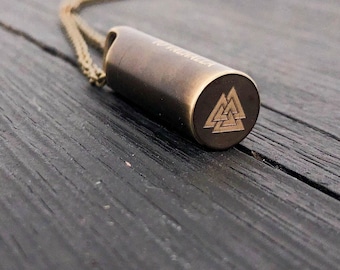 Viking Valknut Cremation Ash Urn Necklace - Solid Brass - Custom Engraved Personalized  Valknut Urn