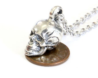Human Skull Charm Pendant Necklace - Solid Sterling Silver - Gift for Him or Her