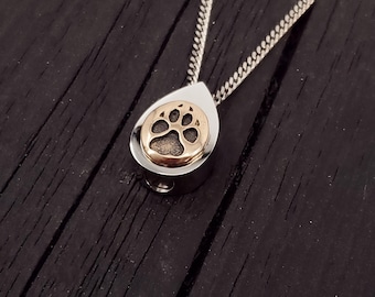 Dog Paw Print Cremation Urn Necklace: Bronze Paw, Stainless Steel, Custom Engraved