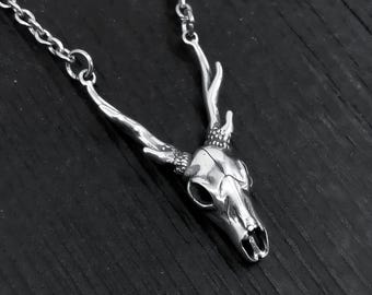 Sterling Deer Skull Necklace - Silver Antler Stag Pendant