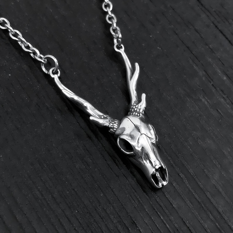 Sterling Deer Skull Necklace - Silver Antler Stag Pendant image 1