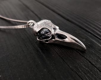 Engraved Raven Skull Pendant Necklace - Solid Hand Cast .925 Sterling Silver