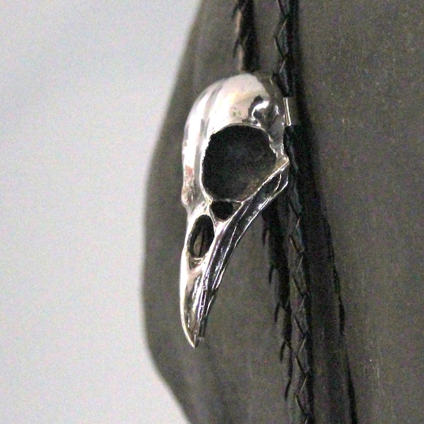 Silver Crow Bird Skull Bolo Tie - Solid Cast Stainless Steel on Hand Braided Tie - Unisex Suit Accessory - Unique Gift for Him or Her