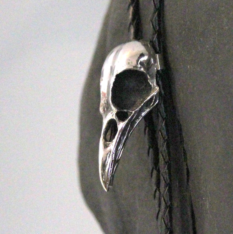 Silver Crow Bird Skull Bolo Tie Solid Cast Stainless Steel on Hand Braided Tie Unisex Suit Accessory Unique Gift for Him or Her image 1