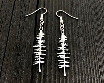 Silver Sitka Spruce Tree Silhouette Earrings  Solid Cast 925 Sterling Silver Polished Finish