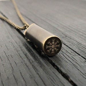 Viking Aegishjalmur Cremation Ash Urn Necklace - Solid Brass - Custom Engraved Personalized  Aegishjalmr Urn