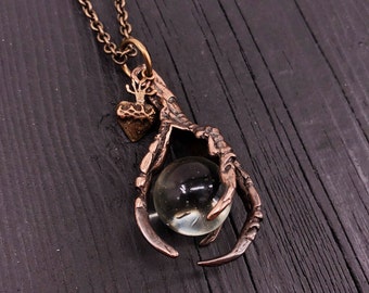 Raven Claw Necklace in Bronze with Sacred Heart and Crystal Orb