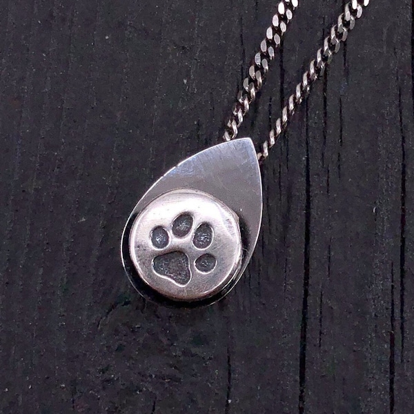 Cat Paw Print Tear Drop Cremation Ash Urn Necklace - Sterling Silver on Stainless Steel - Custom Engraved Personalised Mourning Pet Urn