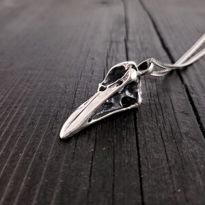 Engraved Raven Skull Pendant Necklace Solid Hand Cast .925 Sterling Silver Oxidised Polished Bird Skull Multiple Chain Options image 6