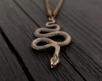 Snake Necklace, Solid Bronze Necklace,  Viper Pendant