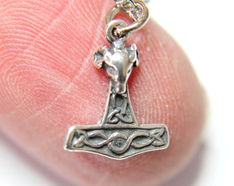 Tiny Mjolnir Rams Head Ladies Thors Hammer Necklace in Solid Sterling Silver