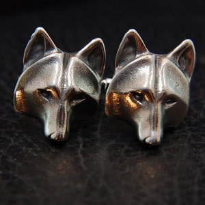 Silver Wolf Face Cuff Links Solid Hand Cast Silver Plated White Bronze Men's French Cuff Suit Accessory Jewelry image 6