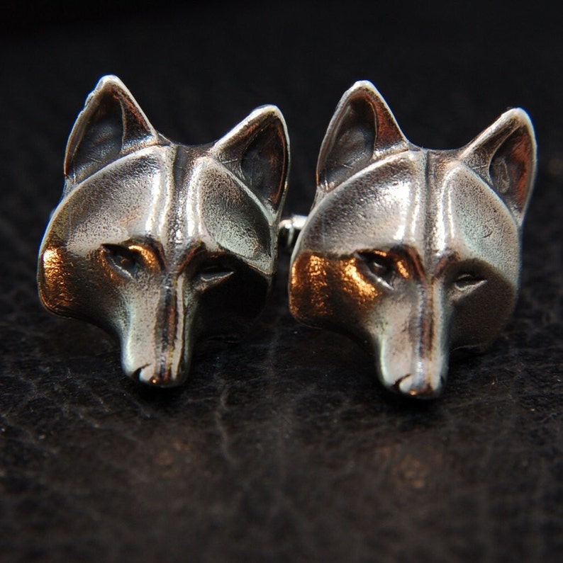 Silver Wolf Face Cuff Links Solid Hand Cast Silver Plated White Bronze Men's French Cuff Suit Accessory Jewelry image 6