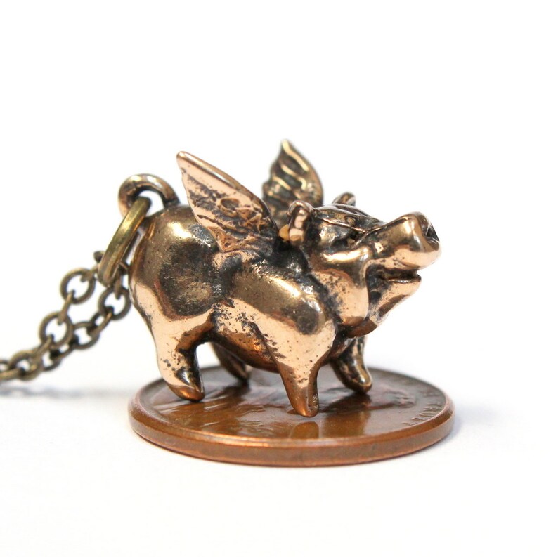 Lucky Flying Pig Necklace in Solid Bronze When Pigs Fly Etsy