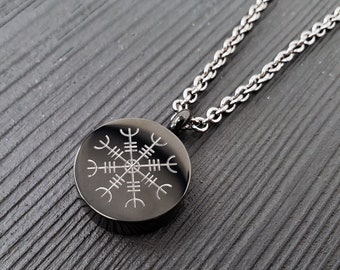 Viking Aegishjalmur Circle Cremation Ash Urn Necklace - Black Anodized Stainless Steel - Custom Personalized Engraved Keepsake