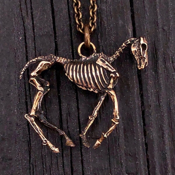 Horse Skeleton Pendant Necklace - Solid Cast Jewelers Bronze - Oxidised Hand Polished Finish - Anatomically Correct Equine Jewelry Gift